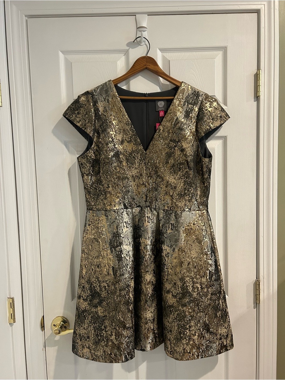 Vince Camuto Gold and Black V-Neck Fit & Flare Dress
